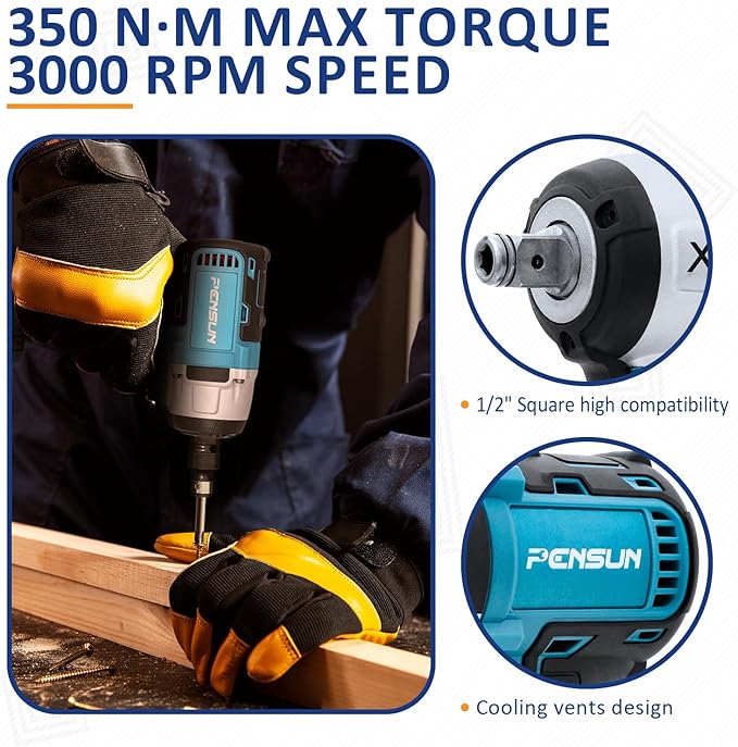 PENSUN Cordless Impact Wrench With Work Light, 3000 RPM & Max Torque 260 ft-lbs Brushless Impact Wrench, 1/2 Impact Gun with 2pcs 4.0Ah Li-ion Battery