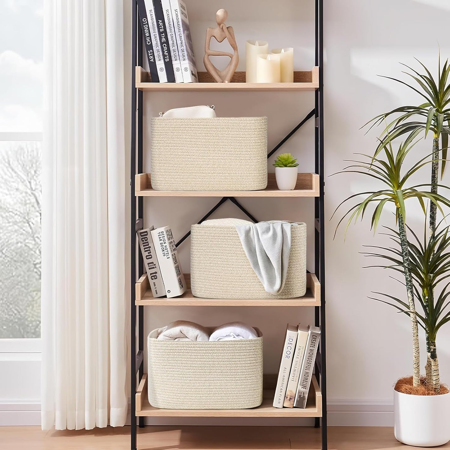 3-Pack Shelf Baskets for Organizing, Woven Storage Basket for Shelves, Cotton Rope Storage Bins for Toys Books, Nursery Towel Baskets for Classroom, 14.96"X9.8"X8.85", Brown