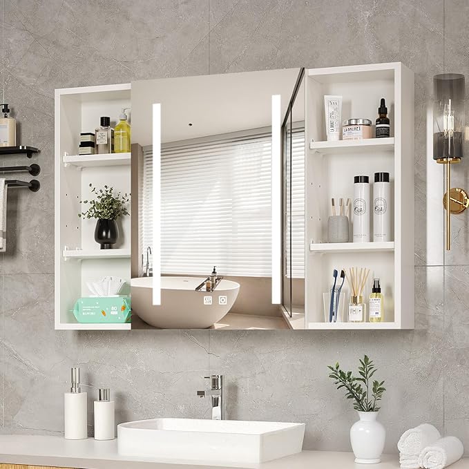 VINGLI 36Inch Medicine Cabinet with Lights, Lighted Medicine Cabinet with Mirror, Bathroom Vanity Mirror with Storage,Wall Mounted Anti-Fog Dimmable Light and Color Adjustment,5.9" D x 36" W x 24" H