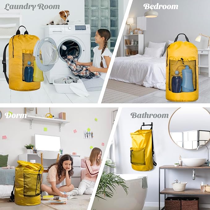 Large Laundry Backpack with Mesh Pocket & Adjustable Shoulder Straps, Yellow