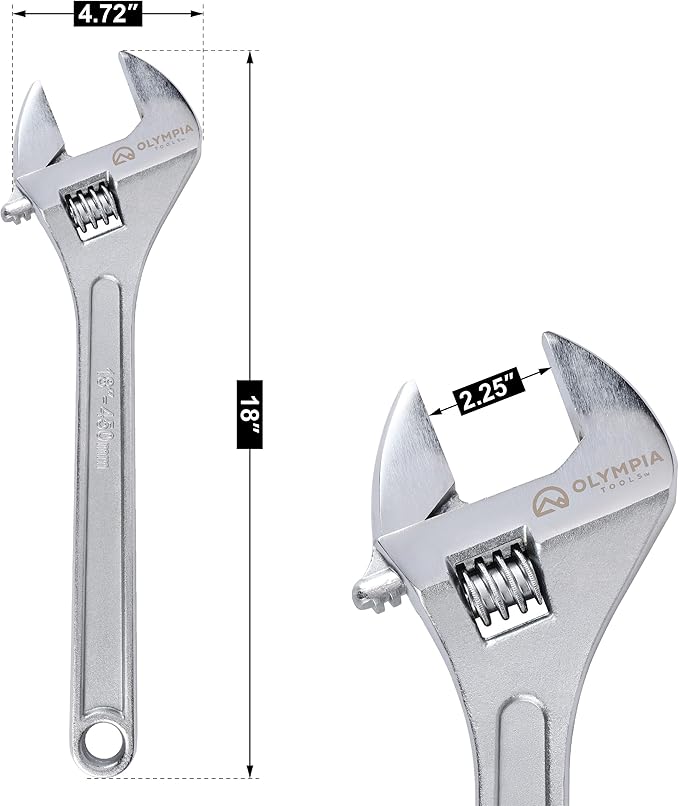 Olympia Tools 18" Adjustable Wrench, Heavy Duty Drop Forged Steel, Chrome Plated, Precision Machined Jaws, Rust Resistant
