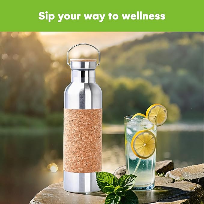 SteadyDoggie 25oz Yoga Water Bottle - Non-Slip Cork Design - Double Wall Vacuum Insulation - Leak-Proof Cap - Metal Tumbler For Hot & Cold Drinks - With THIN DETACHABLE Cork SLEEVE- 10.3 x 3 in
