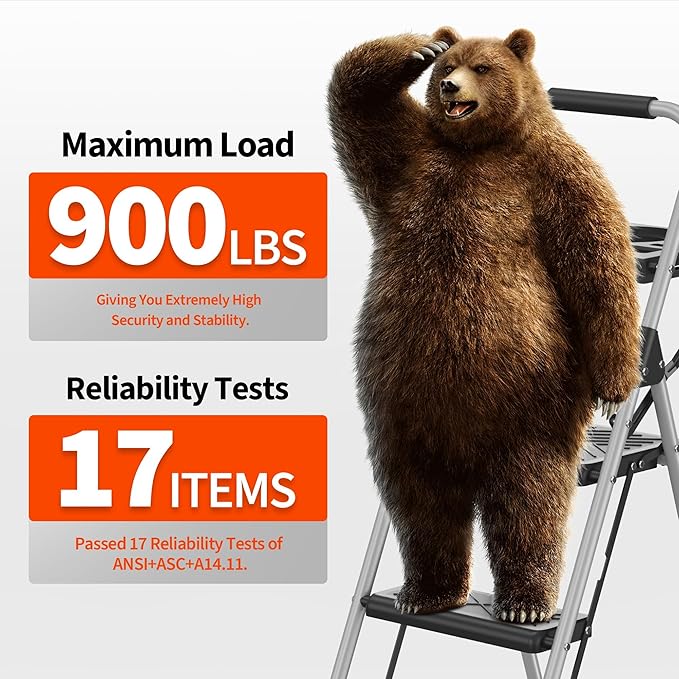 4 Step Ladder, Folding Step Stool with Anti-Slip Wide Pedal, Soft Handle, Anti-Slip Feet, Heavy-Duty Steel Construction, 900lbs Capacity Steel Ladder for Home Office, Grey