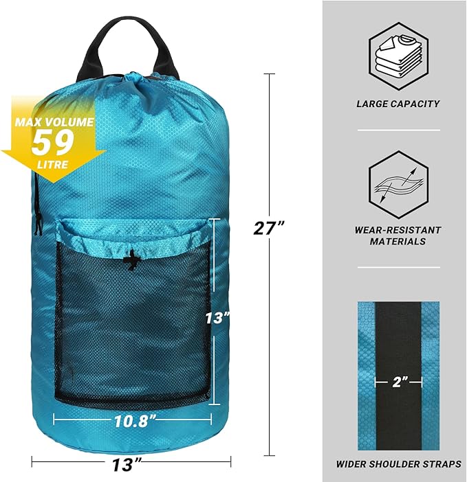Laundry Bag with Shoulder Straps and Mesh Pocket Laundry Backpack Large Portable Laundry Hamper for College Laundromat Apartment