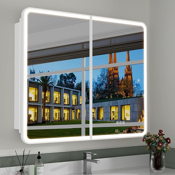32x30 Inch Medicine Cabinet with Mirror, Recessed or Surface Mount Bathroom Medicine Cabinet with LED Lights, Anti-Fog, Memory Function, Adjustable Shelf, Dimmable Light, ETL Listed, White