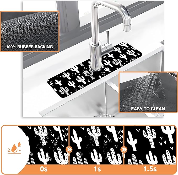Kitchen Faucet Mat Fun Western Cactus Kitchen Sink Splash Guard Faucet Mat,1 PC Splash Guard Behind Faucet Drip Catcher for Kitchen,Sink Mat,Dish Drying Mat,Bathroom Faucet Mat 15.5"X5.5"
