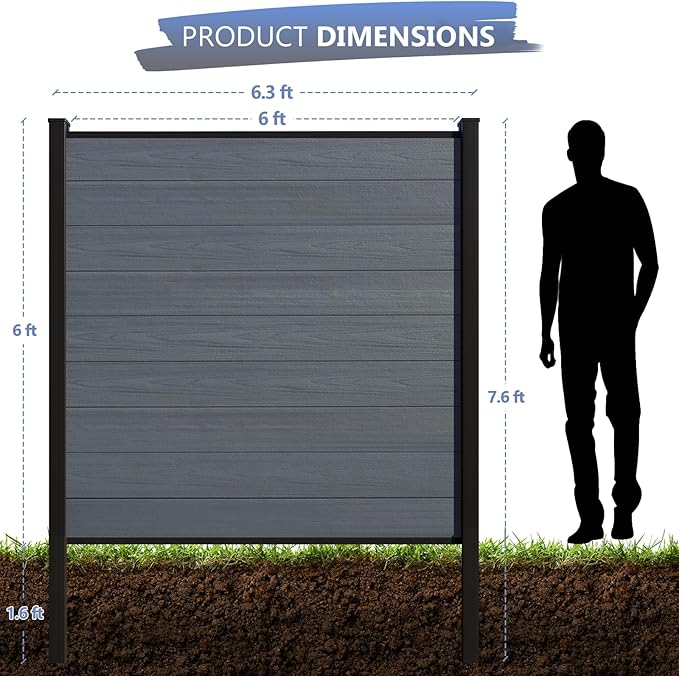 6 Feet×6 Feet Privacy Fence, Outdoor Wood Plastic Composite Fence Panel, Waterproof Security Barriers Fencing (Gray with One 7.6FT Post)