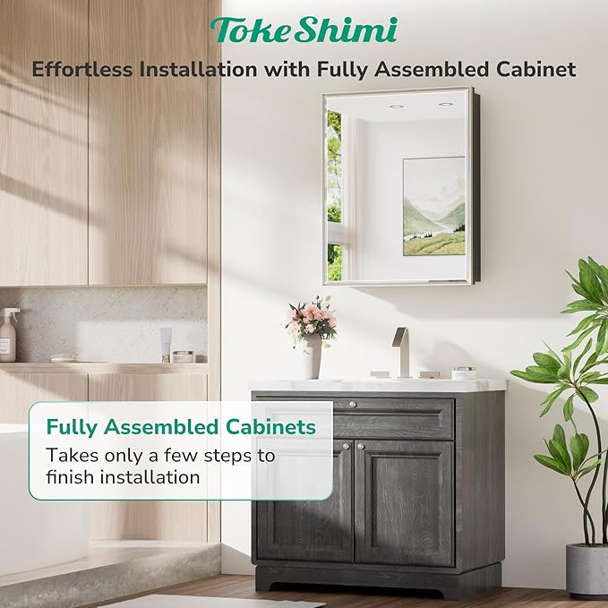 TokeShimi 24x36 Recessed Medicine Cabinet with Mirror Surface Mount, Brushed Nickel Bathroom Mirrored Medicine Cabinet, Bathroom Mirror with Storage Adjustable, Aluminum Framed