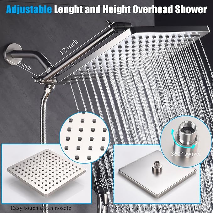 Shower Faucet Set Brushed Nickel Rough-in Anti-Scald Pressure Balanced Valve Body Modern Luxury Wall Mounted 10 Inch Rain Mixer Shower System (Brushed Nickel)