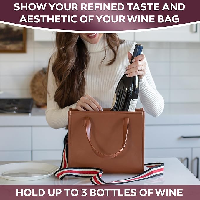 FIORI & ROSSI PU Leather Wine Bottle Carrier Bag - Insulated Wine Bag to Store & Carry up to 3 Bottles for Travel, Picnics & Parties - Wine Tote Bag Buckle & Zipper Closure Sleeve Dividers - Brown