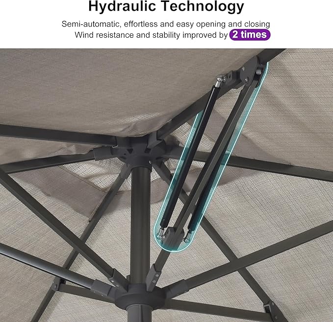 PURPLE LEAF 6 X 10 FT Semi-Auto Outdoor Patio Umbrella with Base Market Table Sun Umbrellas with 6 Aluminum Sturdy Ribs for Backyard Deck Garden Pool (Gray Pole Beige Canopy)