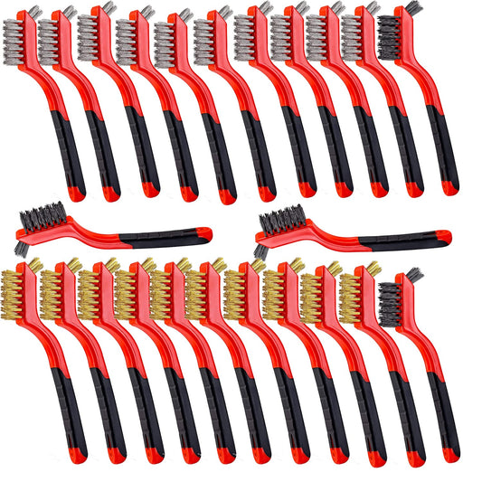 Wire Scratch Brush Set Soft Grip for Rust, Dirt & Paint Scrubbing with Deep Cleaning (24, 24PCS - 10PCS Stainless Steel Wire 10PCS Brass Wire and 4PCS Nylon Wire)