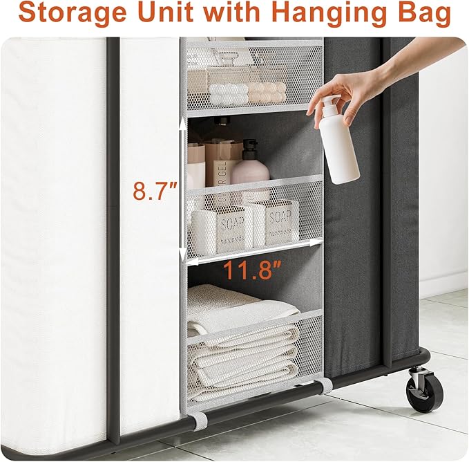WOWLIVE Laundry Sorter 2 Section 200L Rolling Laundry Hamper with Hanging and Removable Bags Laundry Cart with Steel Frame and Storage Unit Large Basket Organizer for Dorm, Bathroom (Beige and Black)