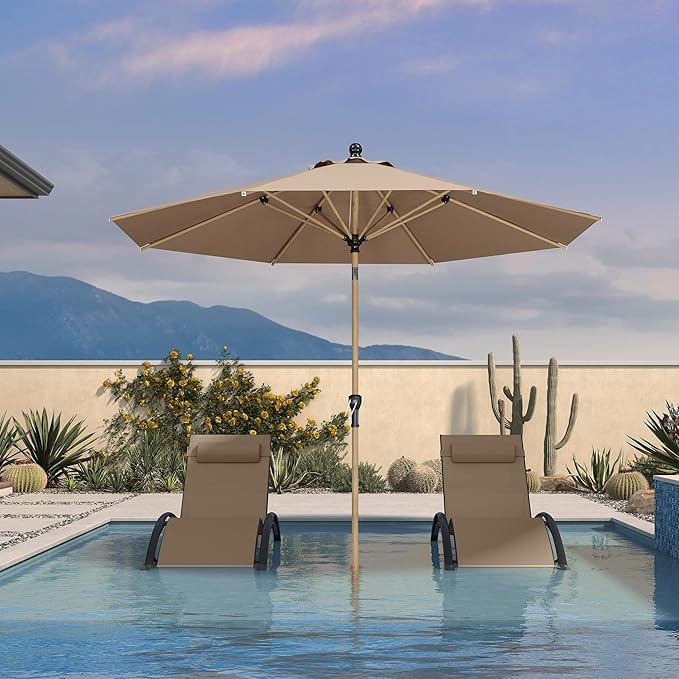 PURPLE LEAF 9 Feet Patio Umbrella Outdoor Table Umbrella Aluminum Round Market Umbrella with Push Button Tilt & 8 Sturdy Ribs and Crank Commercial Sun Umbrella for Garden Patio Balcony, Taupe