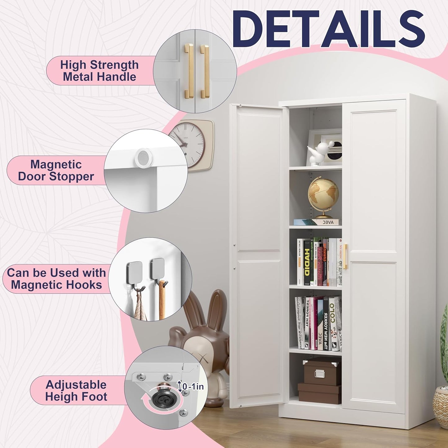 71" Storage Cabinet, Metal Pantry Cabinet, Kitchen Pantry Storage Cabinets with Doors and 4 Shelves, Cabinets for Laundry Room, Living Room, Dinning Room, Assembly Required, White