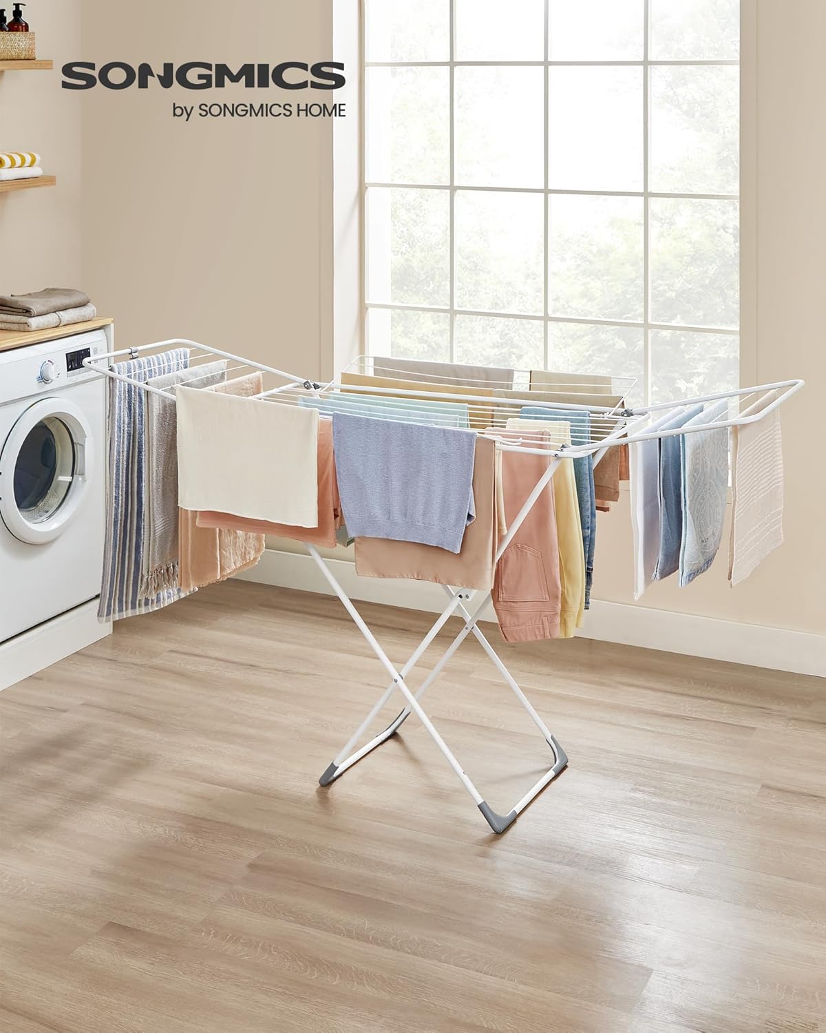 SONGMICS Clothes Drying Rack, Metal Laundry Drying Rack, Foldable, Space-Saving, Free-Standing Airer, with 4 Gullwings, Indoor Outdoor Use, Bed Linen Clothing, White ULLR541W01