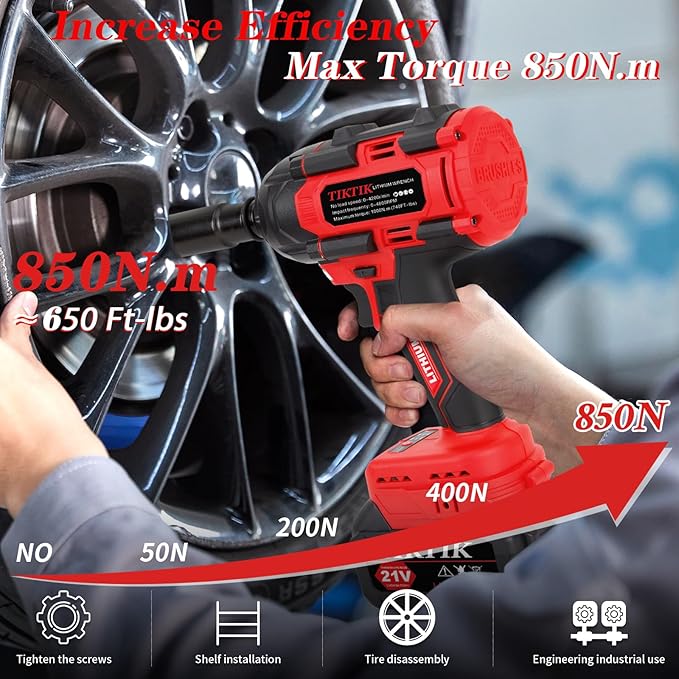 TIKTIK 850Nm Cordless Impact Wrench,1/2" Cordless Impact Gun w/ 2x 4.0Ah Battery,3300RPM Brushless Impact Wrench,640Ft-lbs High Torque Electric Impact Driver Set for Car/DIY Furniture/Lawn Mower