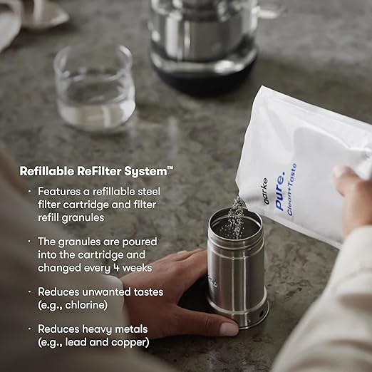 aarke Purifier Glass Water Pitcher, Refillable Stainless Steel Filter, 8-Weeks Performance, BPA-Free, Dishwasher Safe, Pure & Enriched Refill Granules, 1.18L (5 Cups) Capacity