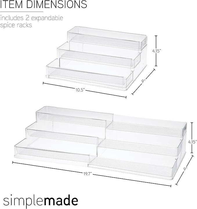 SIMPLEMADE 3-Tier Spice Rack Organizer - Versatile Storage Shelf for Kitchen, Bathroom, Bedroom & Office, Set of 2, Expandable Clear