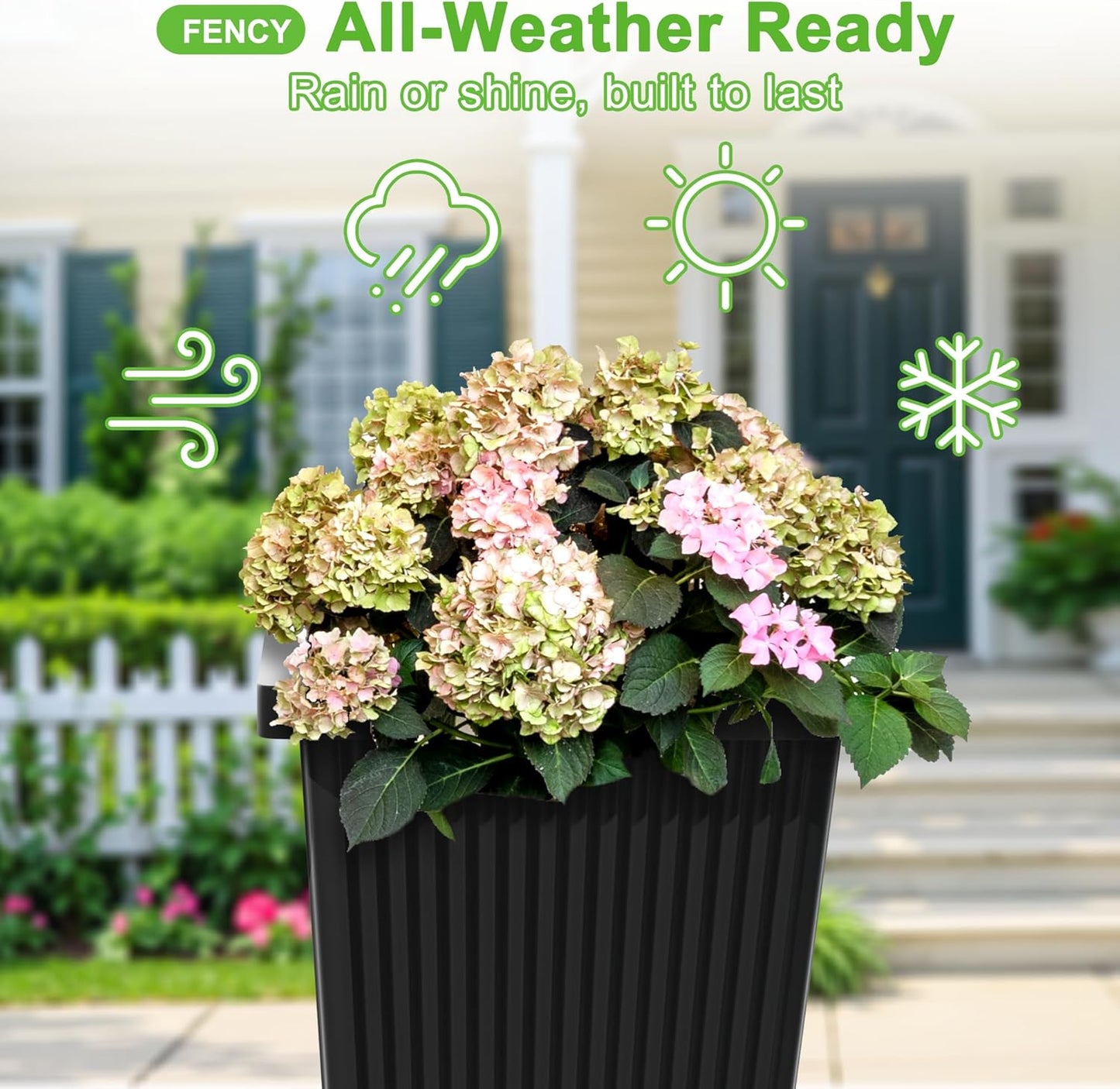 FENCY Set of 2 Tall Planters for Outdoor Plants, 24 Inch Large Tapered Pots with Drainage Trays, Weather-Resistant Plastic Plant Containers for Patio, Porch, Garden, Front Door Decor,Black,Striped