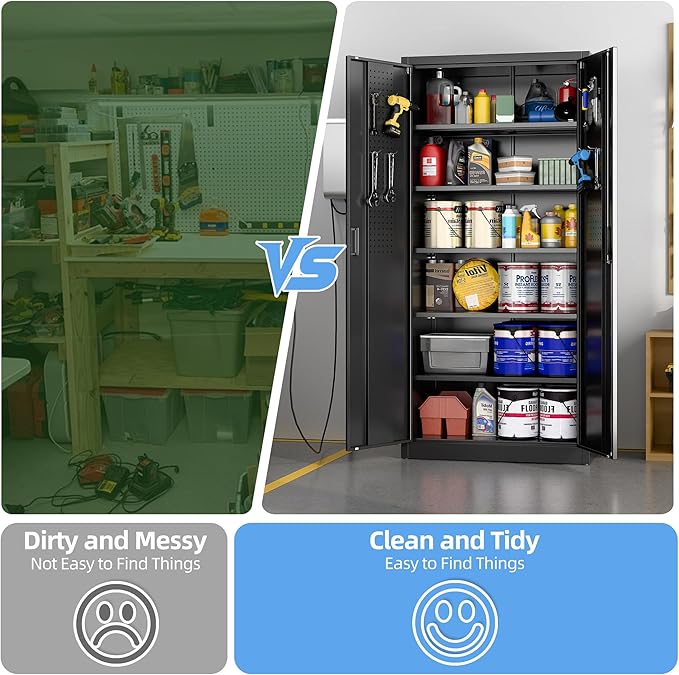 71" H Metal Garage Cabinet with Pegboards and Hooks,Tool Storage Cabinet with 2 Doors and 5 Adjustable Shelves for Office, Home, Garage, Gym, School, Assembly Required,Black