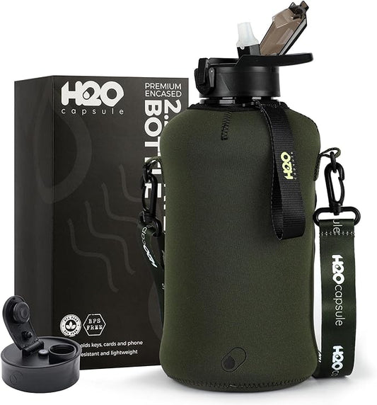 H2O Capsule 2.2L Half Gallon Water Bottle with Storage Sleeve and Covered Straw Lid – BPA Free Large Reusable Drink Container with Handle - Big Sports Jug, 2.2 Liter (74 Ounce)