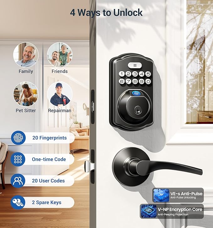 Veise Fingerprint Door Lock with 2 Lever Handles - Keyless Entry Door Lock, Electronic Keypad Deadbolt, Digital Smart Code & Front Handle Sets, Auto-Locking, Easy Installation, Matte Black