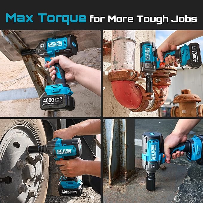 Seesii [2025 Upgraded] Impact Wrench 885Ft-lbs (1200N·m): 1/2" Cordless Impact Gun with Detachable Handle, 21V High Torque Power Impact Driver 2x 4.0Ah Batteries for Family Car/Pickup Truck/Mower