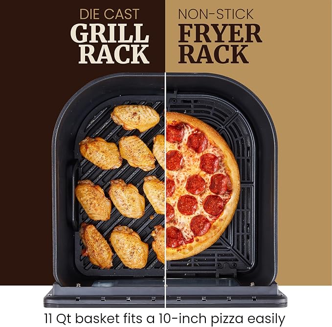 Elite Gourmet EAF2411G Digital Indoor Grill/Air Fryer Oven, 11L Capacity, Grill Rack, 8 Presets, Bake, Roast, Broil, Dehydrate, 1700-Watts, 25 Delicious Recipes, Stainless-Steel/Black