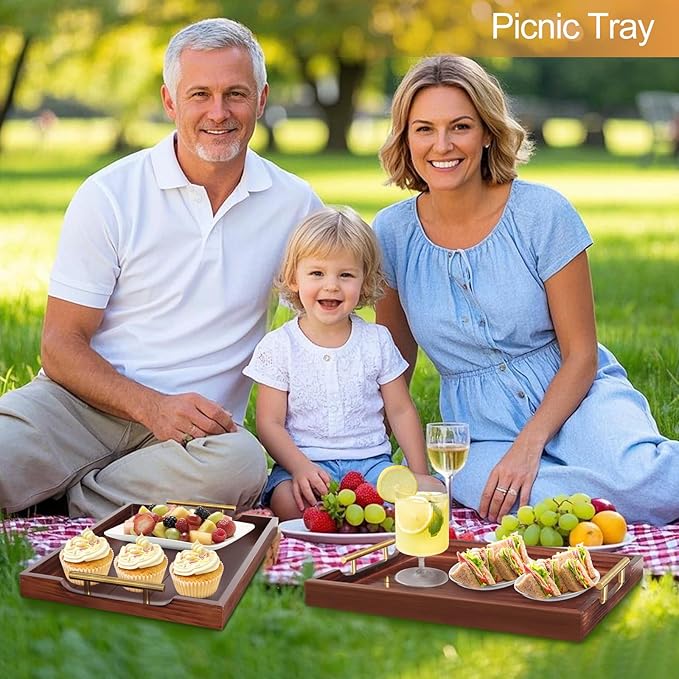 Coffee Table Tray - Large Ottoman Trays for Living Rooms - Wood Serving Tray with Handles(2 Sets) - Wooden Tray for Coffee Table, 4 Round Coasters Included, Dark Brown