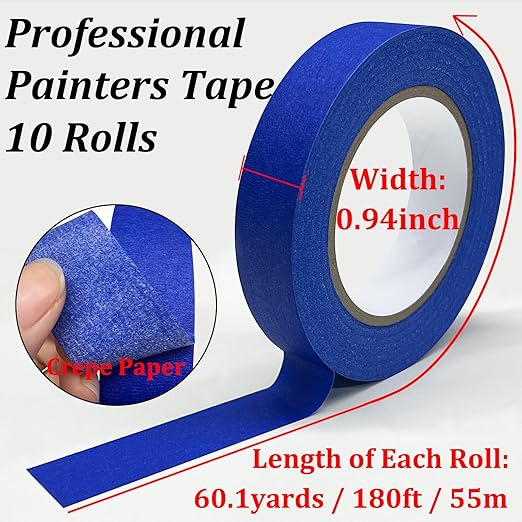 Premium Painters Tape, 10 Rolls Blue Tape Painters Masking Tape for Multi-Purpose, 601yds=10*0.94inch*60.1yds, Craft Adhesive Paint Tape for Walls, DIY Crafts Arts, Labeling, Decoration, Easy Removal