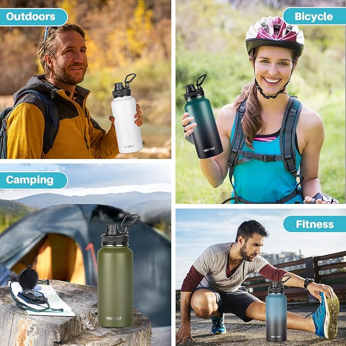 Stainless Steel Water Bottles 32oz Insulated Water Bottle with Straw&3 Lids Double Walled Sports Metal Thermos Water Bottle Cup Leak-Proof Vacuum Insulated Bottles Travel (Gradient Green Black)