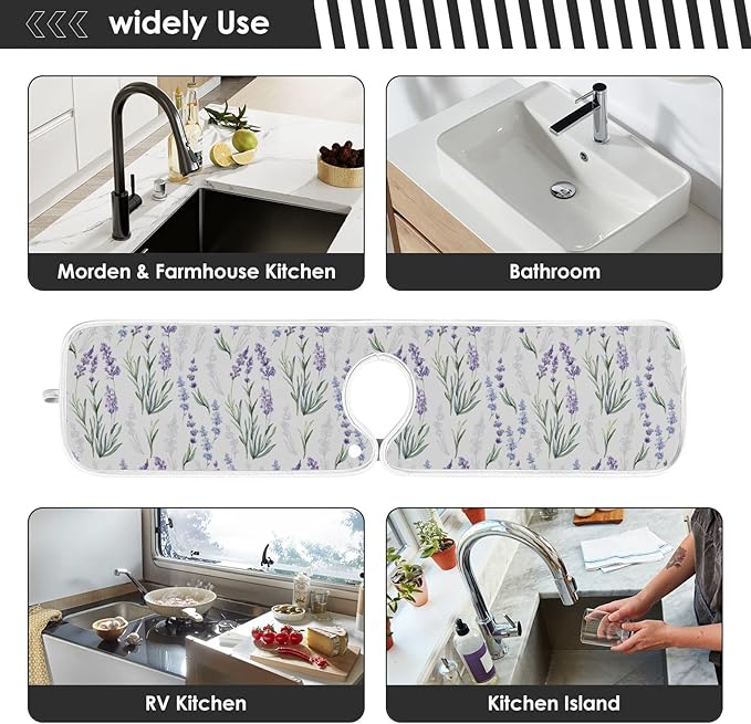Kitchen Faucet Absorbent Mat,Lavender Flower Water Splash Guard for Sink, Faucet Drip Catcher Thicken Sponge Microfiber Faucet Water Catcher Mat Sink Absorbent Mat for Kitchen 30x5in 2 Pack