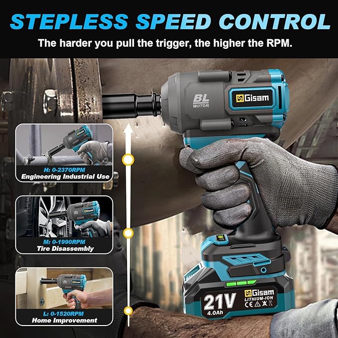 Cordless Impact Wrench, 900FT-LB (1200N.m) Max Torque Brushless Electric Impact Gun, 3-Speed Auto-Off Reverse, LED Work Light - 1/2" Drive for Mechanics, Car Owners & Heavy-Duty DIY