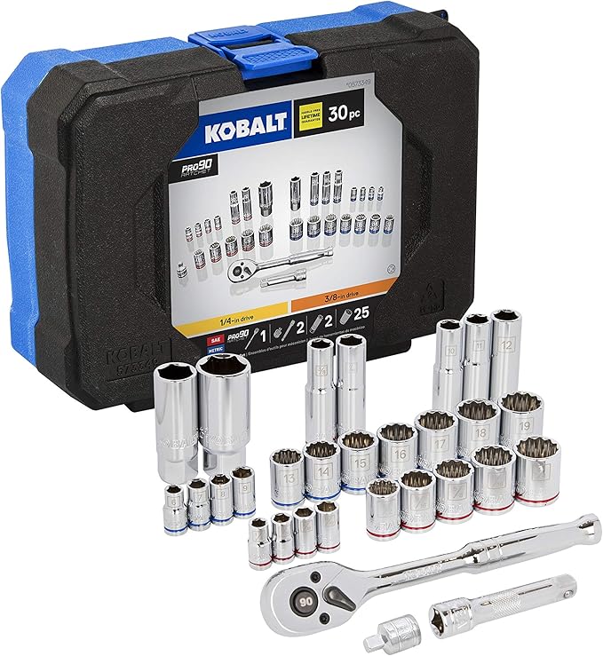 Kobalt 573349 30-Piece 1/4 and 3/8-Inch Drive Mechanic's Tool Set with Hard Case, Inch/Metric