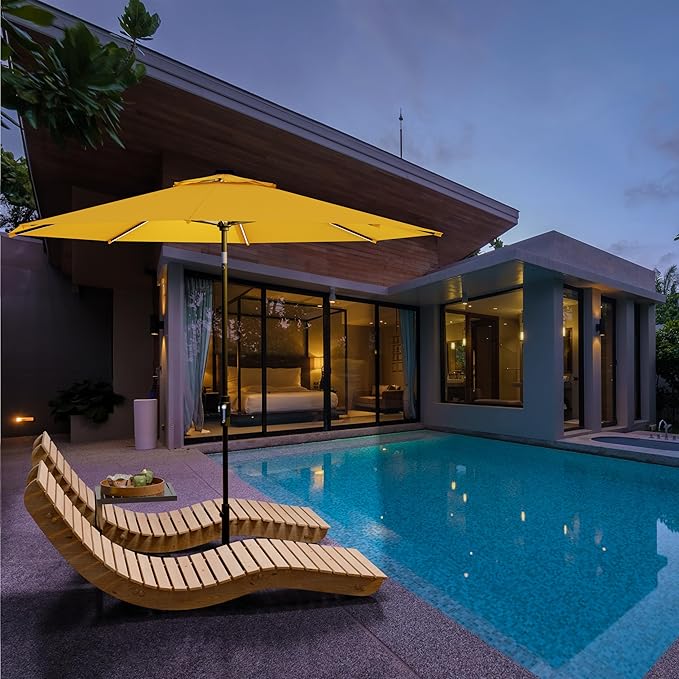 Midtown Umbrellas Led Swilt Sunbrella Umbrella 9 Ft Patio Umbrella With Sunbrella Yellow Acrylic Fabric - Deck Patio Umbrella, Backyard Umbrella, Garden Umbrella & Pool Umbrella - Black Pole