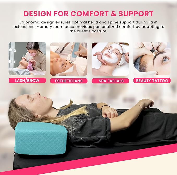 Pillow for Eyelash Extensions - Curved Memory Foam Lash Bed Pillow with Neck and Back Support, Perfect Pillow for Eyelash Extensions, Two Pockets for Tools On The Sides of Pillow (Blue)