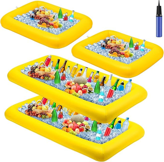 Leitee 4 Pcs Inflatable Ice Serving Bars Buffet Serving Tray Drink Cooler for Pool Party Inflatable Ice Tray Floating Food Drink Containers with Drain Plug and a Hand Pump, 2 Sizes (Yellow)