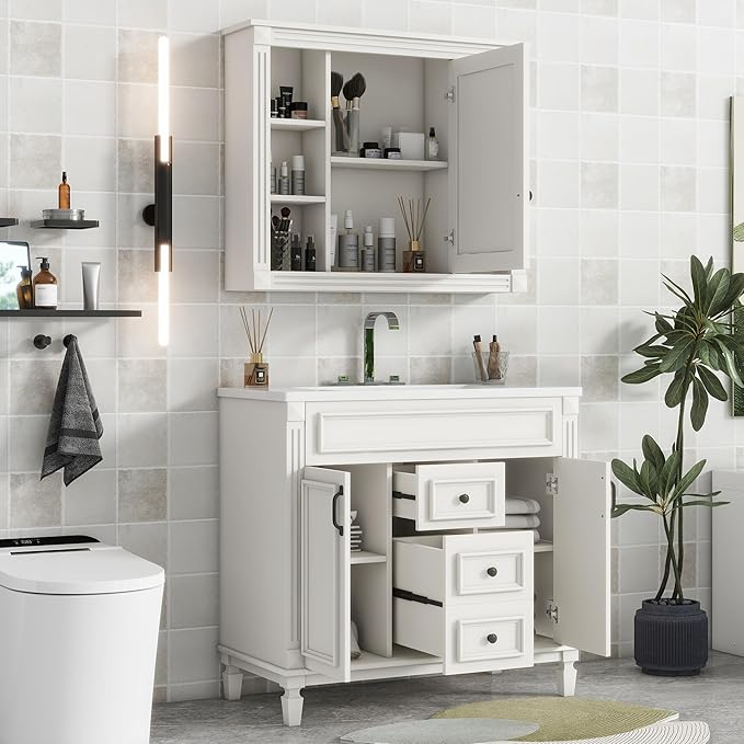 Marzzi 36" Bathroom Vanity with Sink & Matching Medicine Cabinet, 36 inch Bathroom Vanity Storage Cabinet with Sink Top, 2 Drawers, and Mirror with Storage