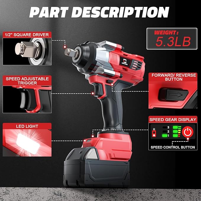 Cordless Impact Wrench 1/2 inch Compatible with Milwaukee 18v Battery – Brushless High Torque Impact Driver Gun with 1000 Ft-lbs Torque, LED Work Light, Ergonomic Design for Heavy-Duty Performance
