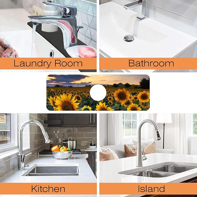 Kitchen Sink Splash Guard Faucet Mat Sunflowers Blooming at Sunset Sink Splash Guard Behind Faucet,1 PC Soft Diatom Mud Non-Slip Mat-for Kitchen,Dish Drying Mat,Bathroom Faucet Mat 15.5"X5.5"