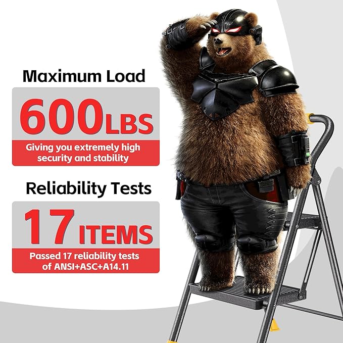 Step Ladder Foldable Folding Stool - for Home Adults Kitchen 2 Stepping Extension Tall Heavy Duty with Handrails - Closet Stepstool Stair Ladders Extendable Stepladder for Indoor House 600Lbs