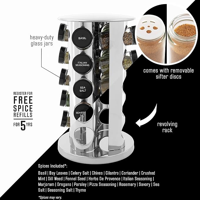 Kamenstein 20 Jar Revolving Countertop Spice Rack with Spices Included, FREE Spice Refills for 5 Years, Polished Stainless Steel with Black Caps, 30020 (Pack of 3)