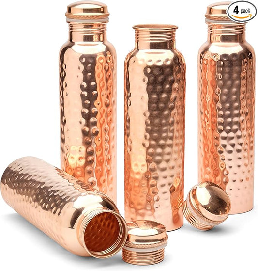 Glytterati Hammered Copper Water Bottle (34 oz/1000ml) (Set of 4) | Pure Copper Bottle | Pure Copper Vessel | Copper Bottle for Drinking Water