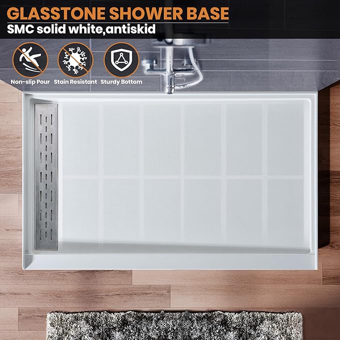 Shower Base Pan in White Left Linear Drainer, Rectangular Shower Base 60"×32"×4" with Non-Slip Floor Panel and Stainless Steel Shower Drain Cover