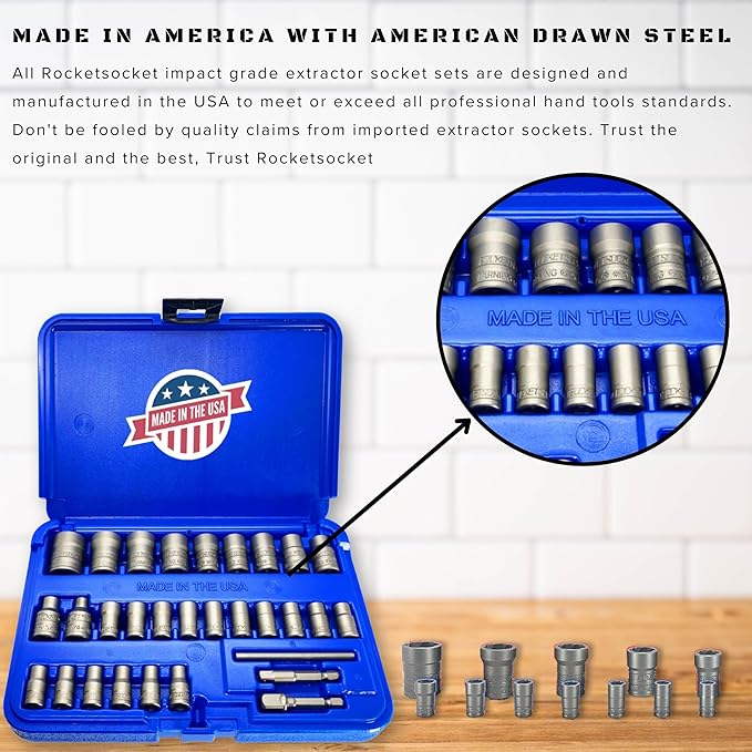 30 Piece Extraction Socket Tool Set | Made in USA Steel | ¼” and ⅜” Drive Impact Grade Bolt and Nut Remover Kit | Turbo Sockets for Stripped, Rounded, Frozen Bolts & Nuts | Nut Extractor Socket Set