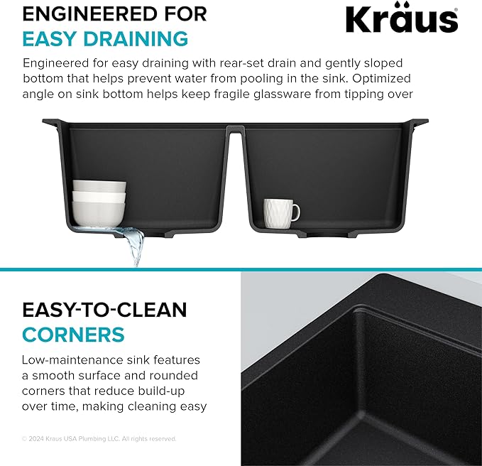 KRAUS Quarza 33-inch Drop-In/Undermount 50/50 Double Bowl Granite Kitchen Sink in Black Onyx, KGD-433B