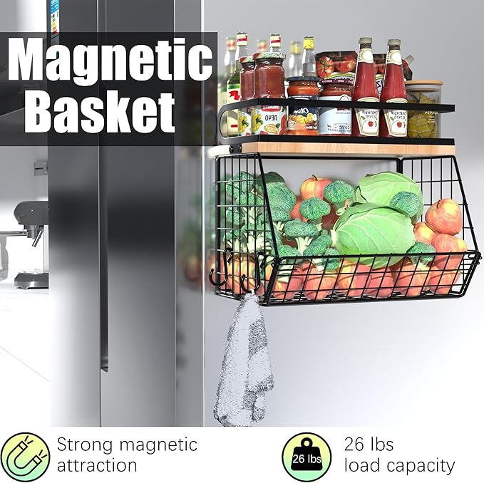Magnetic Spice Rack for Refrigerator, Fruit, Potato & Onion Storage Bin,Large Capacity Magnetic Shelves for Side of Refrigerator, Kitchen Organizers and Storage Countertop,2 Pack Black