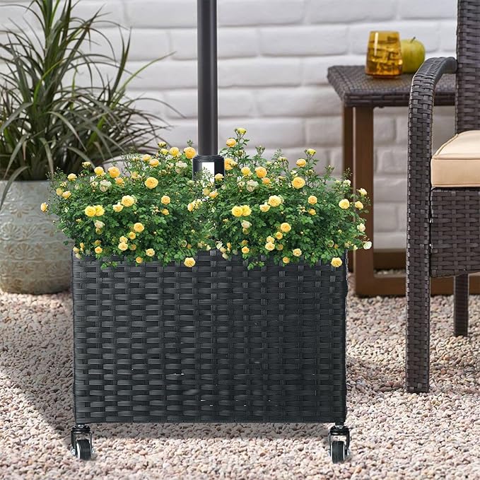 LEWIS&WAYNE Outdoor Umbrella Base with Fillable Planter Box Heavy Duty Patio Umbrella Stand with 4 Wheels Rolling Umbrella Holder for Outdoor Patio Deck Garden