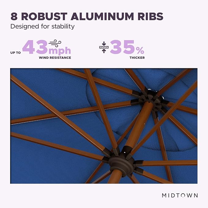 Midtown Umbrellas Sunbrella Umbrella Large Patio Umbrella 2-10 Feet in Dark Blue Fabric, Auto-Tilt Aluminum Frame Backyard Umbrella, Deck Umbrella, Garden Umbrella & Porch Umbrella - Wooden Pole